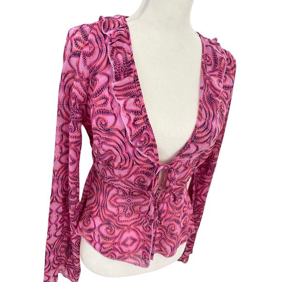 NWT Wild Fable Pink Geometric Print Tie Front Long Sleeve Chiffon Top Size Small - Picture 7 of 14